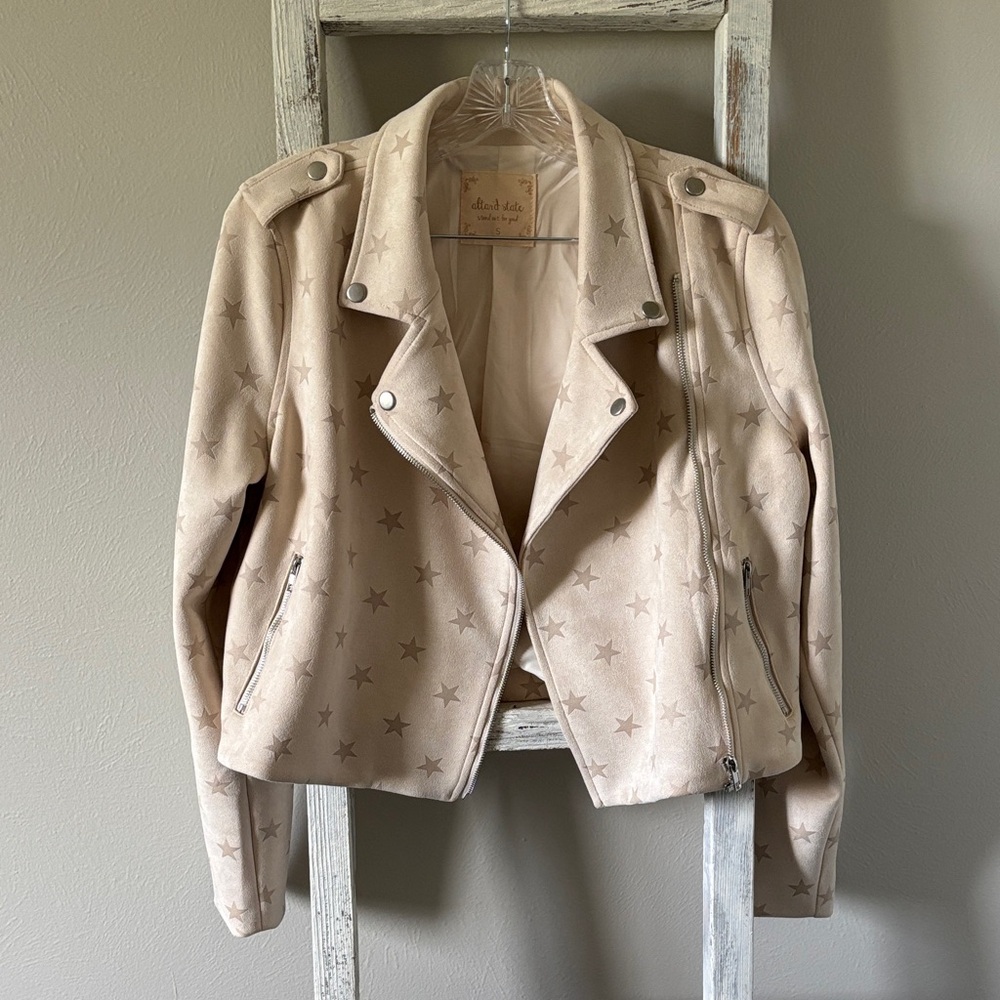Star-Patterned Faux Suede Cream Moto Jacket